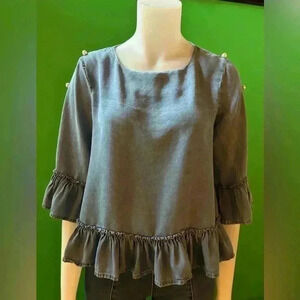 Ruffles and pearls, Ali Miles, women’s MP, denim blouse, boutique top, cute
